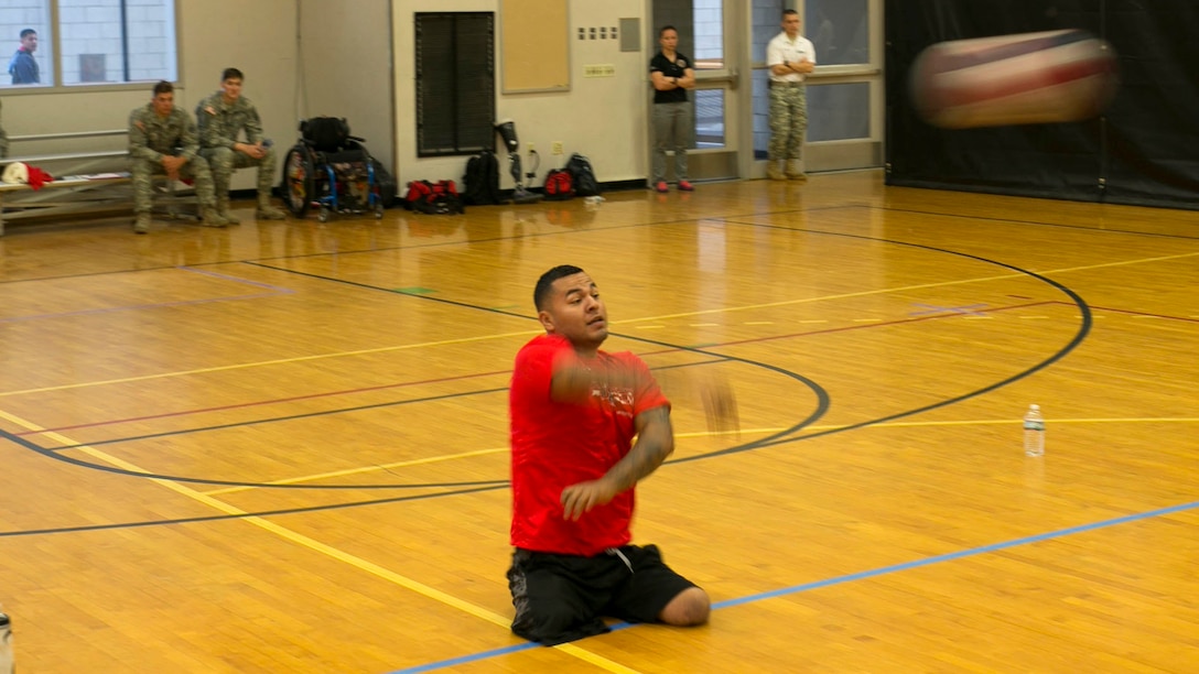 U.S. Marine Corps veteran Jorge Salazar serves the ball during a 2016 Department of Defense Warrior Games sitting volleyball practice at the U.S. Military Academy at West Point, New York, June 13, 2016. Salazar, a Delano, Calif., native, is a member of the 2016 DoD Warrior Games Team Marine Corps. The 2016 DoD Warrior Games is an adaptive sports competition for wounded, ill and injured Service members and veterans from the U.S. Army, Marine Corps, Navy, Air Force, Special Operations Command and the British Armed Forces.