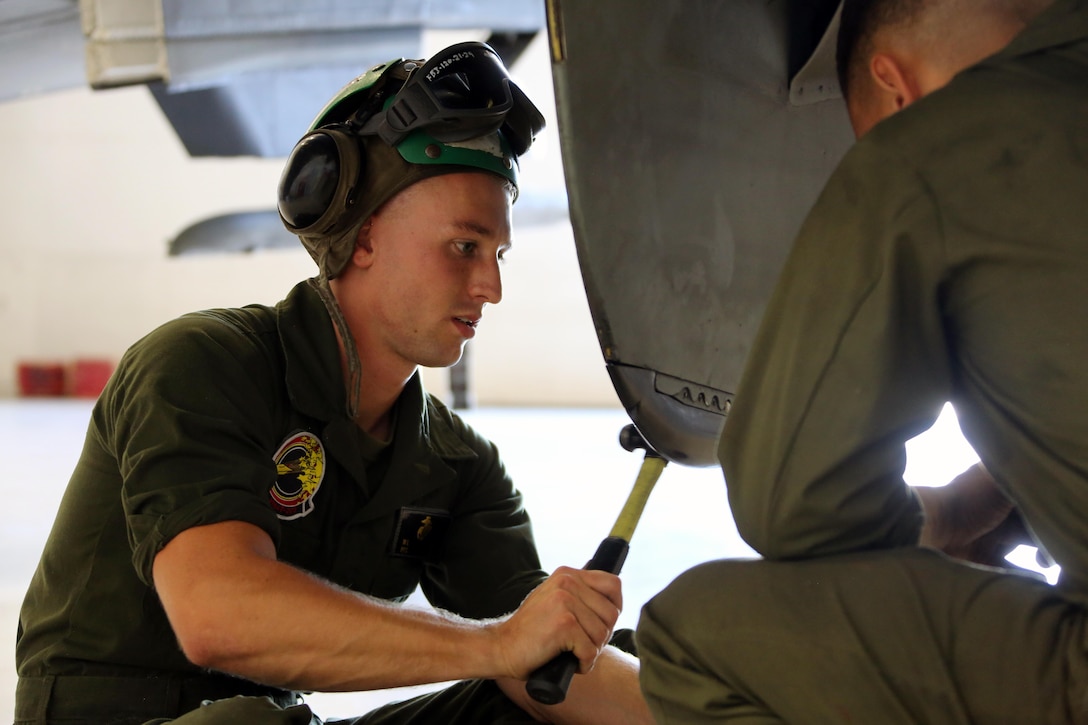 Cpl. Nicholas Stone performs maintenance on a AV-8B Harrier inside the Marine Attack Training Squadron 203 hangar at Marine Corps Air Station Cherry Point, N.C., June 8, 2016. During the past three years, VMAT-203 has trained more than 130 AV-8B pilots and 2,000 AV-8B maintenance personnel. Within that time period, the squadron has flown over 12,000 flight hours, participated in four deployments for instructor and student training and received the Commandant's Aviation Efficiency Award. Stone is a fixed wing aircraft airframe mechanic with the Squadron. (U.S. Marine Corps photo by Cpl. N.W. Huertas/ Released)