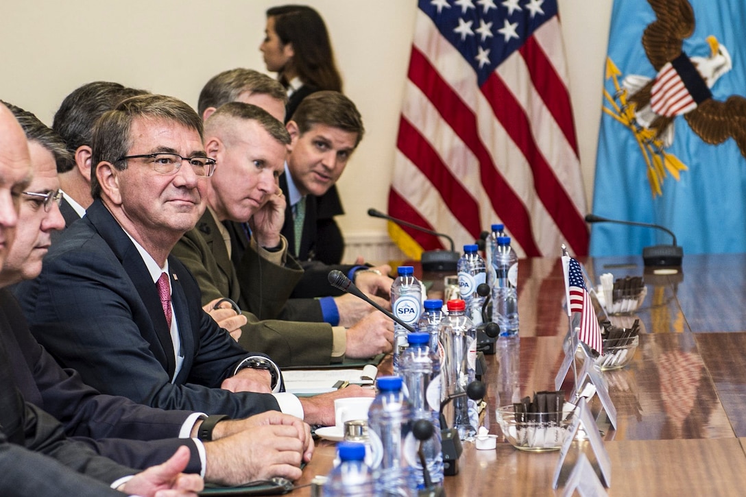 Defense Secretary Ash Carter, third from left, prepares to meet with Turkish Defense Minister Fikri Isik at NATO headquarters in Brussels, June 14, 2016. DoD photo by Air Force Staff Sgt. Brigitte N. Brantley
