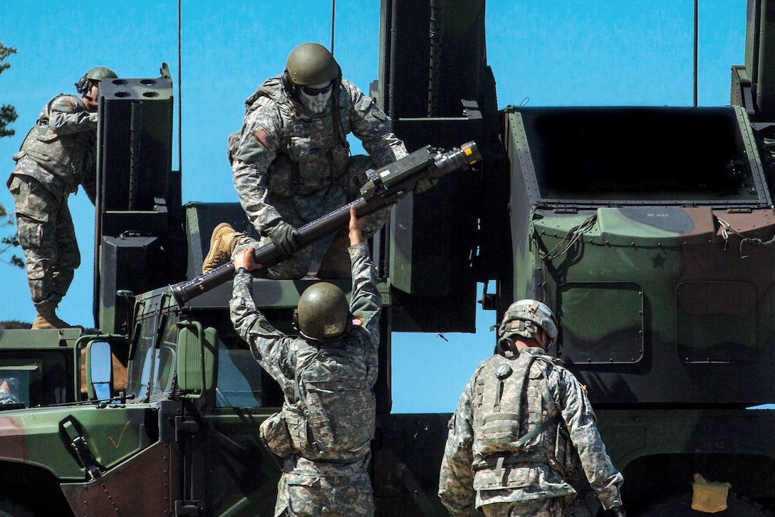 Soldiers load FIM-92 Stingers an Avenger air defense system during Anakonda 2016 at the Ustka range complex in Ustka, Poland, June 9, 2016. Army photo by Sgt. Steven Hitchcock
