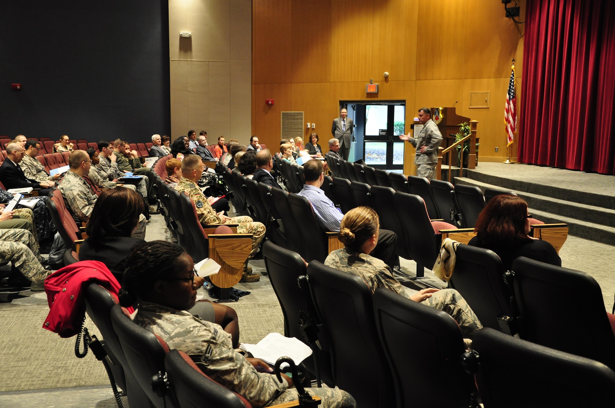 Maj. Gen. Timothy Leahy, commander of the Curtis E. LeMay Center for Doctrine Development and Education, provides opening remarks to attendees of the first Air University Language Regional Expertise and Culture Symposium at Maxwell Air Force Base, April 22, 2016. (U.S. Air Force Photo/Seth Maggard)