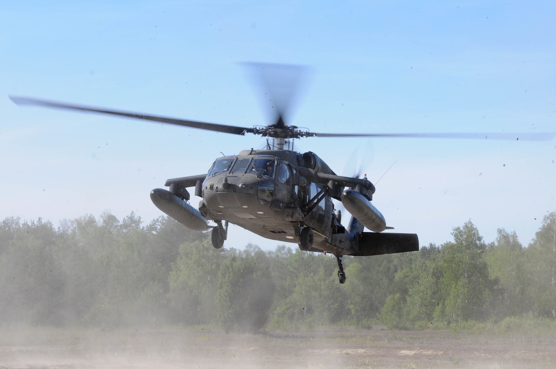 A UH-60 Blackhawk operated by the 1-214th Aviation Regiment, Alpha Company, 
prepares to land in Warsaw, Poland, June 9, as part of the training exercise Anakonda 2016. Anakonda 2016 is one of U.S. Army Europe's premier multinational training events, which features 24 nations and seeks to train, exercise and integrate Polish national command and force structures into an allied, joint, multinational environment.