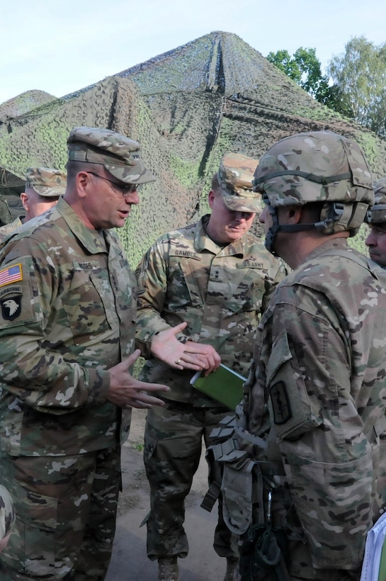 Lt. Gen. Ben Hodges, commander of U.S. Army Europe, visits the operation center for the 30th Medical Company during Anakonda 2016, June 9 in Warsaw, Poland.  Anakonda 2016 is one of U.S. Army Europe's premier multinational training events, which features 24 nations and seeks to train, exercise and integrate Polish national command and force structures into an allied, joint, multinational environment.