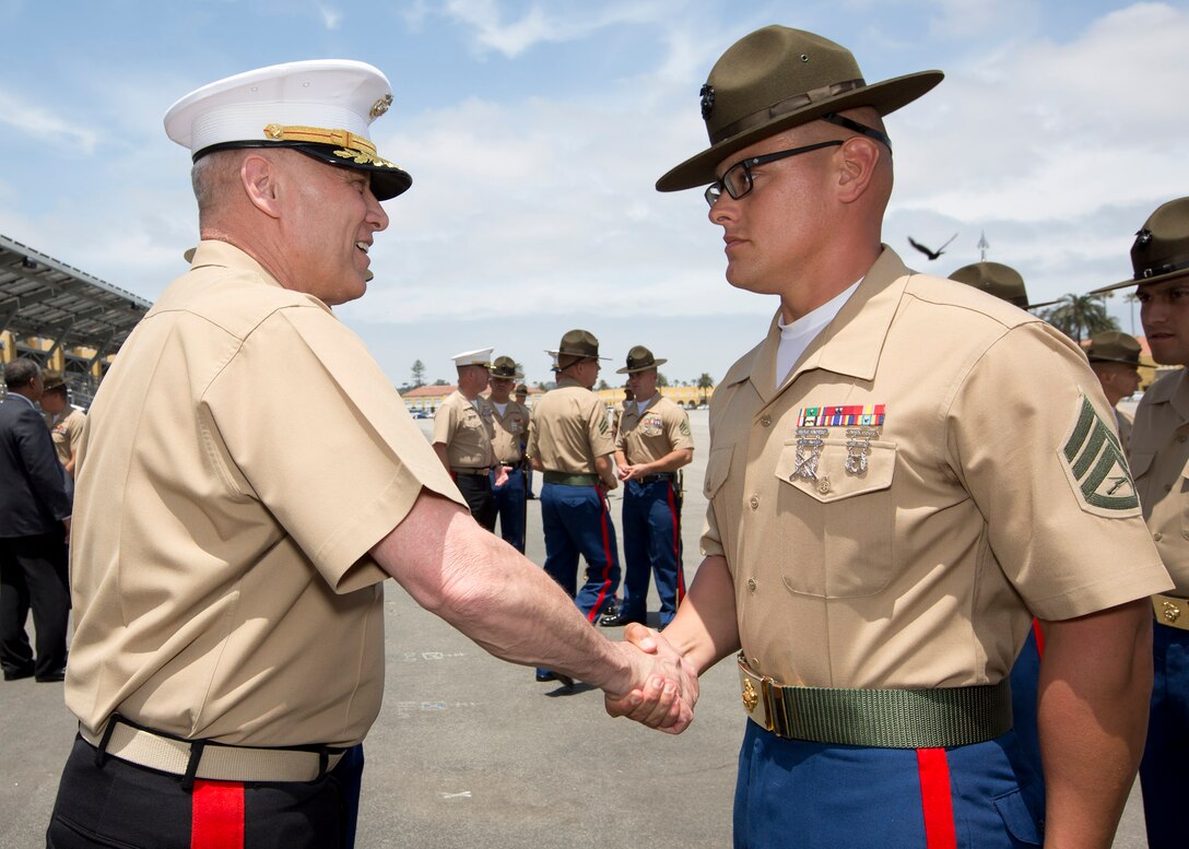 The Assistant Commandant of the Marine Corps, Gen. John M. Paxton Jr., attends the Basic Marine Graduation Ceremony as the parade reviewing officer on Marine Corps Recruit Depot, San Diego, Calif., June 10, 2016. (U.S. Marine Corps photo by Sgt. Tia Dufour/Released)