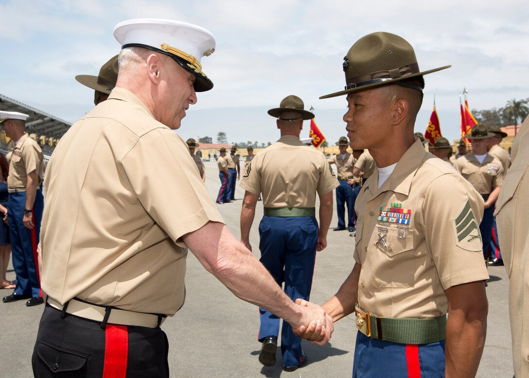 The Assistant Commandant of the Marine Corps, Gen. John M. Paxton Jr., attends the Basic Marine Graduation Ceremony as the parade reviewing officer on Marine Corps Recruit Depot, San Diego, Calif., June 10, 2016. (U.S. Marine Corps photo by Sgt. Tia Dufour/Released)