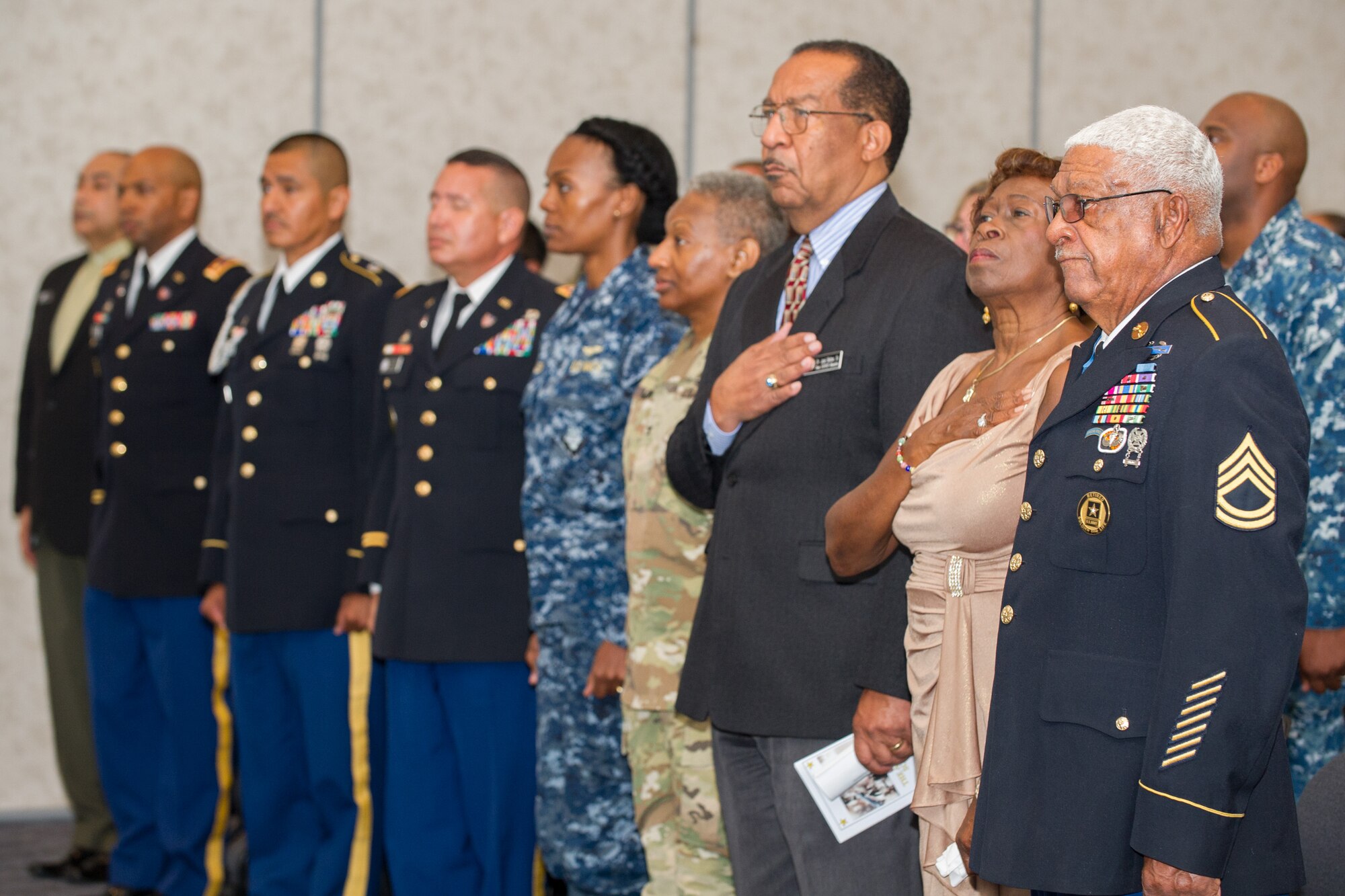 Members of Patrick Air Force Base and Cape Canaveral Air Force Station, Fla. celebrated the U.S. Army’s 241st Birthday during a cake cutting ceremony at Defense Equal Opportunity Management Institute June 14, 2016. Medal of Honor recipient retired Sergeant 1st Class Melvin Morris, was the guest speaker for the event and shared his feelings about how honored he is to be a part of the military family and shared stories from his days on active duty. (U.S. Air Force photo/Benjamin Thacker/Released) 