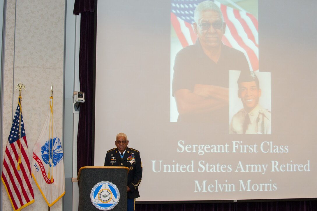 Members of Patrick Air Force Base and Cape Canaveral Air Force Station, Fla. celebrated the U.S. Army’s 241st Birthday during a cake cutting ceremony at Defense Equal Opportunity Management Institute June 14, 2016. Medal of Honor recipient retired Sergeant 1st Class Melvin Morris, was the guest speaker for the event and shared his feelings about how honored he is to be a part of the military family and shared stories from his days on active duty. (U.S. Air Force photo/Benjamin Thacker/Released) 
