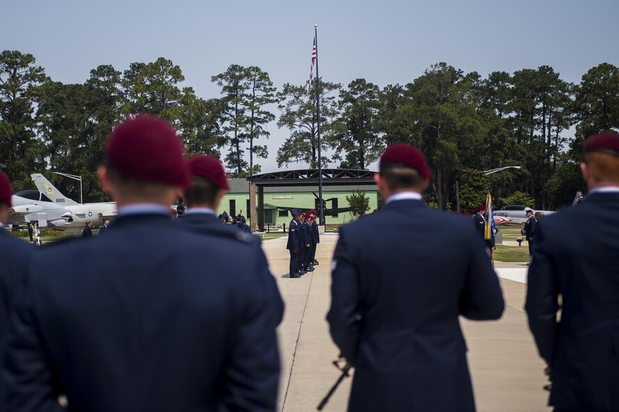 U.S. Air Force Airmen from the 38th Rescue Squadron prepare to perform a seven-man firing party in remembrance of Airman 1st Class Christopher O’Brien, June 10, 2016, at Moody Air Force Base, Ga. O’Brien passed away June 4, 2016, and his fellow pararescuemen learned proper ceremony techniques in order to perform the Honor Guard detail at his memorial. (U.S. Air Force photo by Senior Airman Ceaira Tinsley/Released)
