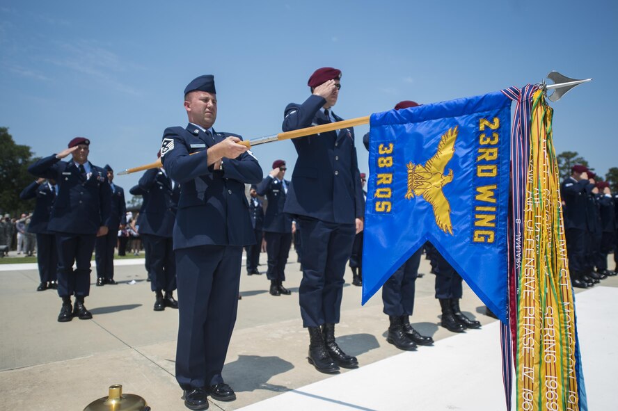 U.S. Air Force Airmen from the 38th Rescue Squadron render a salute during the playing of “To the Colors” during a memorial ceremony for Airman 1st Class Christopher O’Brien, June 10, 2016, at Moody Air Force Base, Ga. O’Brien’s fellow Airmen, family and friends gathered in the George W. Bush Memorial Air Park to say their final goodbyes. (U.S. Air Force photo by Senior Airman Ceaira Tinsley/Released)