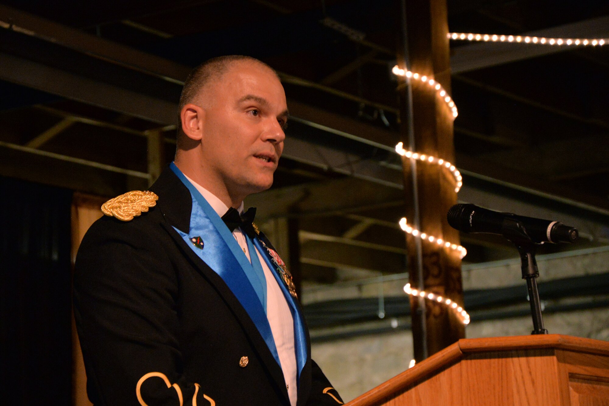 U.S. Army Lt. Col. Jason Hallock, 344th Military Intelligence Battalion Commander, speaks about the Army’s 241st birthday during the 344th MI BN Army Ball at the Fort Concho Stables in San Angelo, Texas, June 10, 2016. Hallock talked about the importance of the Army’s history and traditions. (U.S. Air Force photo by Airman 1st Class Randall Moose/Released)
