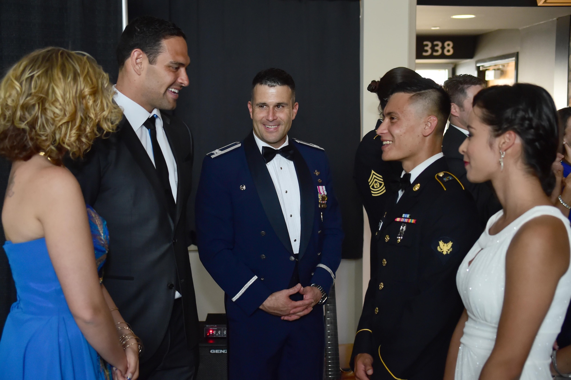 Mark Sanchez, quarterback on the Denver Broncos, greets military members during the 743rd Military Intelligence Battalion’s 2016 Army Ball June 10, 2016, at Sports Authority Field at Mile High in Denver. The 743rd MIB held a ball in honor of the U.S. Army’s 241st birthday. (U.S. Air Force photo by Airman 1st Class Luke W. Nowakowski/Released)