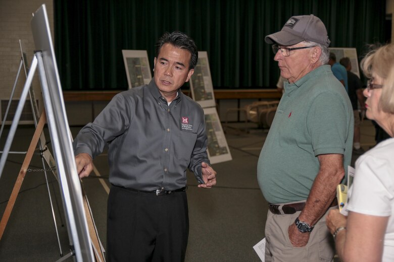 Ed Demesa, chief of the planning division, speaks with community members during the U.S. Army Corps of Engineers Los Angeles District’s public meeting in Winslow, Ariz., June 9. Two meetings were held for the Draft Integrated Feasibility Report and Environmental Impact Statement on the Little Colorado River in Navajo County, Arizona. The DIFR evaluates several alternatives that reduce the risk of damages and reduce life, safety, and health risks caused by flooding of the LCR to the City of Winslow, surrounding community, and public and private infrastructure. 