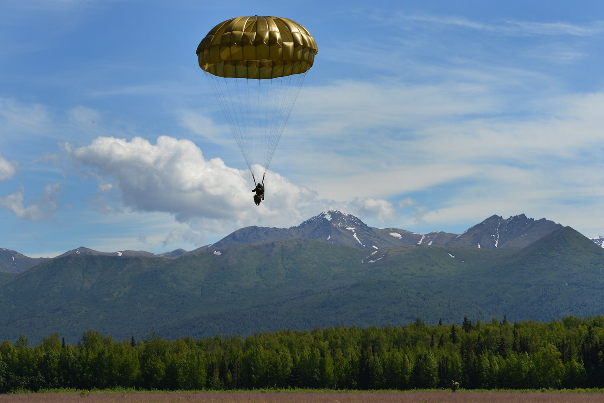Paratroopers assigned to the 4th Infantry Brigade Combat Team (Airborne), 25th Infantry Division, U.S. Army Alaska, and the Japan Ground Self-Defense Force execute an airborne proficiency operation, and coordination for follow-on training at Joint Base Elmendorf-Richardson, Alaska, June 9, 2016, during Exercise Arctic Aurora. Arctic Aurora is a yearly bilateral training exercise involving elements of the Spartan Brigade and the JGSDF, which focuses on strengthening ties between the two by executing combined small unit airborne proficiency operations and basic small arms marksmanship. (U.S. Air Force photo by Airman 1st Class Valerie Monroy)
