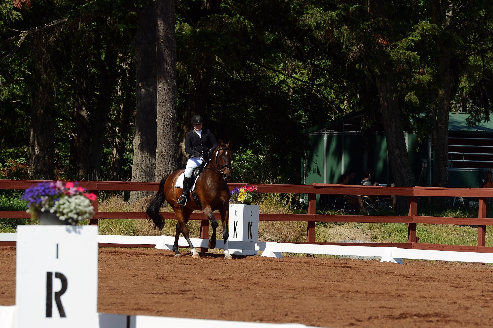 Maj. Jennifer Jones, 627th Communications Squadron director of operations, performs dressage movements June 4, 2016, at the Summervale Premier Dressage show in Roy, Wash. Jones placed 3rd in this year’s event and will compete again in July at DevonWood Equestrian Centre’s dressage show in Sherwood, Ore. (U.S. Air Force photo/Senior Airman Jacob Jimenez)   