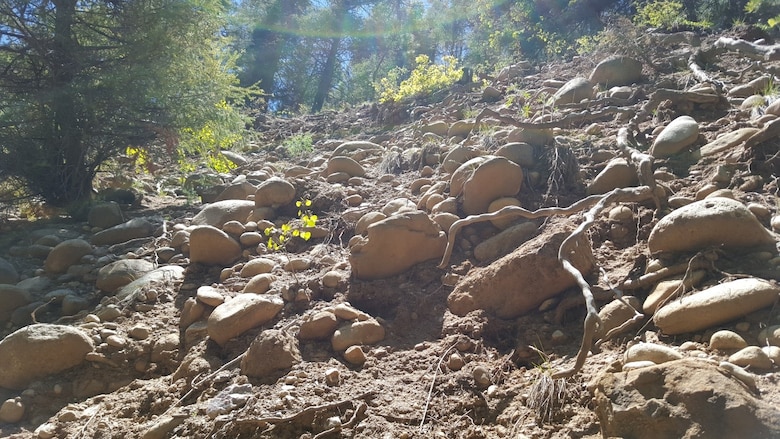 Boulders on an eroding slope above the Chamisal Acequia. Memphis District engineers are designing a solution that will help keep the acequia flowing freely.