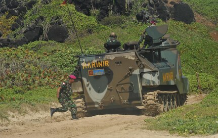 140729-N-UL721-121 MARINE CORPS BASE HAWAII (July 29, 2014) Service members from partner nations steer an amphibious assault vehicle at the conclusion of a simulated beach assault during Rim of the Pacific (RIMPAC) Exercise 2014. Twenty-two nations, 49 ships, six submarines, more than 200 aircraft and 25,000 personnel are participating in RIMPAC from June 26 to Aug. 1, in and around the Hawaiian Islands and Southern California. The world's largest maritime exercise, RIMPAC provides a unique training opportunity that helps participants foster and sustain the cooperative relationships that are critical to ensuring the safety of sea lanes and security on the world's oceans. RIMPAC 2014 is the 24th exercise in the series that began in 1971. (U.S. Navy photo by Mass Communication Specialist 2nd Class Corey T. Jones/Released)