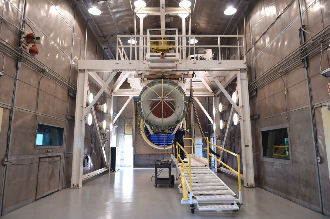 U.S. Air Force Senior Airman Christian Gates, 7th Component Maintenance Squadron test cell craftsman, performs last minute adjustments to an F101 engine June 6, 2016, at Dyess Air Force Base, Texas. The test cell puts the motor through a full functional test as part of their maintenance process. Once the unit has been cleared and inspected, it can be installed as part of a set of four on a B-1B Lancer. (U.S. Air Force photo by Airman 1st Class Quay Drawdy/Released)
