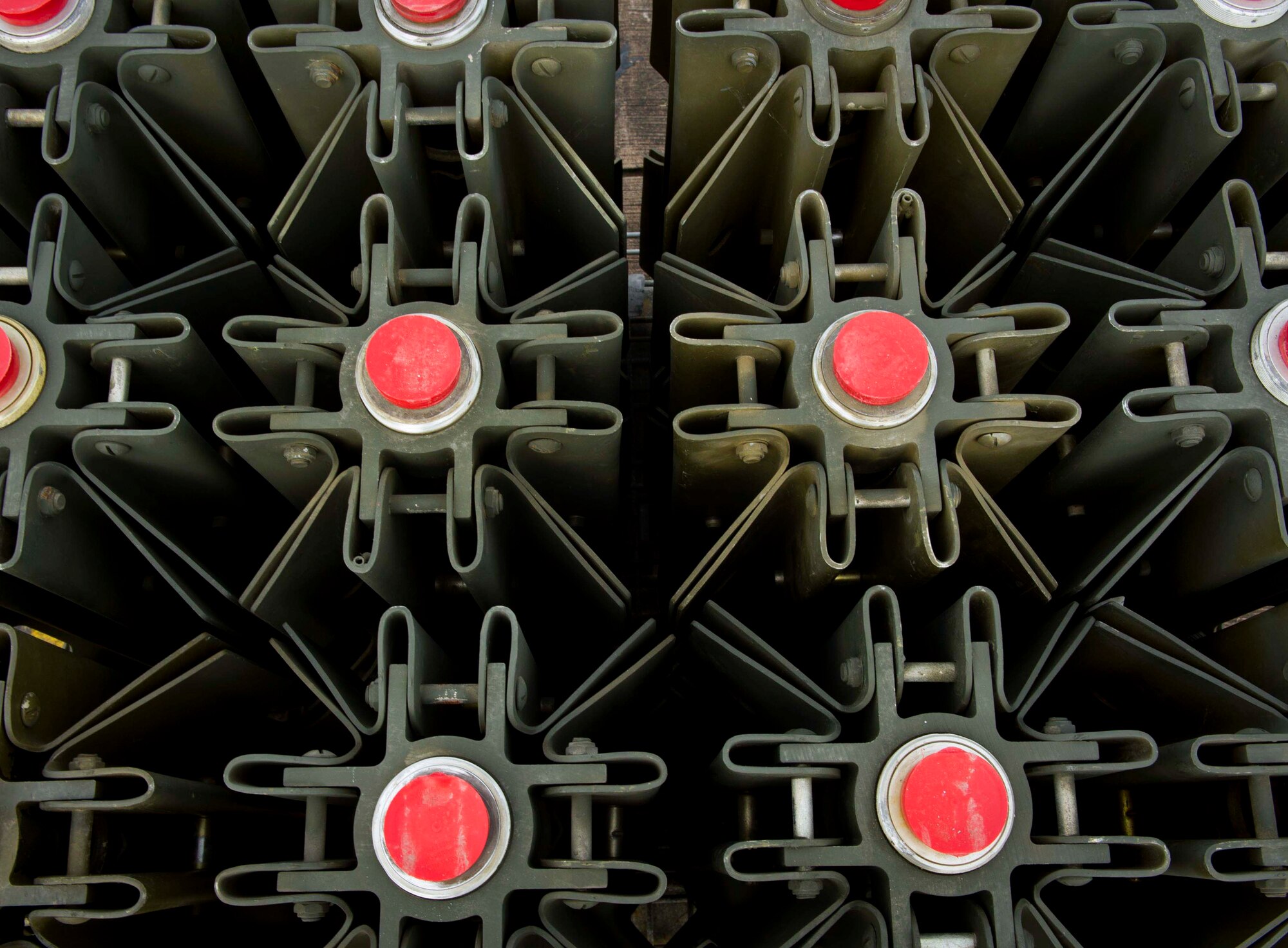 MK-15 tail fins rest in a rack at Royal Air Force Fairford, United Kingdom, June 8, 2016. Members from 5th Expeditionary Munitions Squadron helped U.S. Navy minemen build 12 inert mines for a BALTOPS 16 exercise testing the B-52H Stratofortress’ ability to precisely drop munitions into a target zone. (U.S. Air Force photo/Senior Airman Sahara L. Fales)