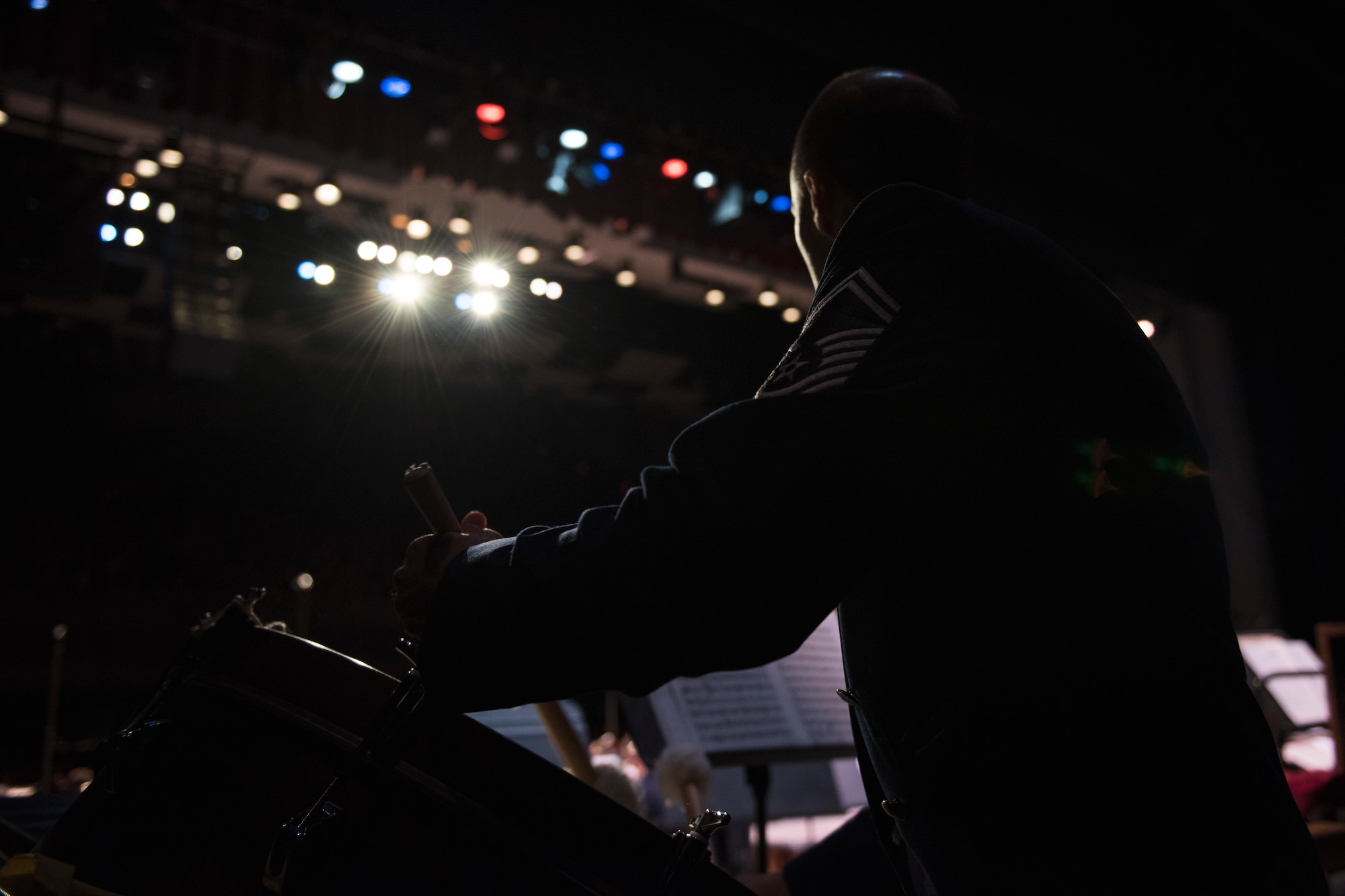 Senior Master Sgt. Joe Reynolds, drum major, plays the bass drum during the U.S. Air Force Band’s 75th Anniversary celebration June 11, 2016, at George Mason University’s Center for the Arts Concert Hall in Fairfax, Va. The reunion concert incorporated members from each of the six ensembles of the U.S. Air Force Band, Air Force Strings, Airmen of Note, Ceremonial Brass, Concert Band, Max Impact and Singing Sergeants. (U.S. Air Force photo by Airman 1st Class Philip Bryant)