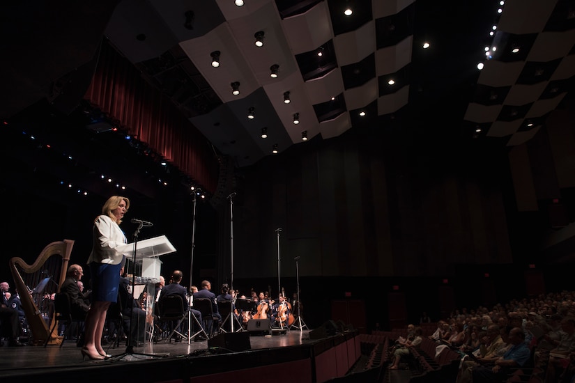 Secretary of the Air Force Deborah Lee James delivers opening remarks at the U.S. Air Force Band's 75th Anniversary celebration June 11, 2016, at George Mason University's Center for the Arts Concert Hall in Fairfax, Va. James reflected upon the band's tradition of service, excellence and innovation that has been vital to the Air Force. (U.S. Air Force photo by Airman 1st Class Philip Bryant)