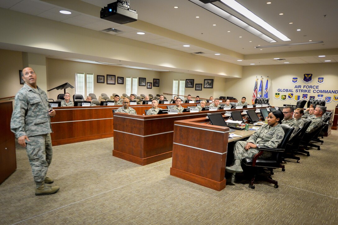 Maj. William Boyd, Air Force Global Strike Command A9 chief of leadership education and operations, speaks to participants during the 2016 Striker Stripe Conference held at Barksdale Air Force Base, La., June 8, 2016. (U.S. Air Force photo/Senior Airman Mozer O. Da Cunha)