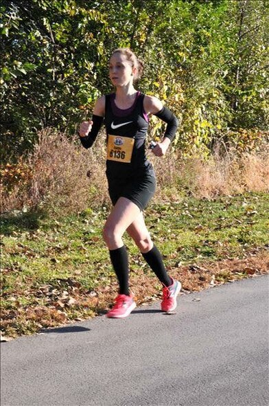 Capt. Caitlin Oviatt, a master's student at the Air Force Institute of Technology, finished second in the Des Moines Half Marathon on October 18, 2015.  She will compete on the Air Education and Training Command half marathon team as part of the major command challenge in the Air Force Marathon in September.  (Courtesy photo)