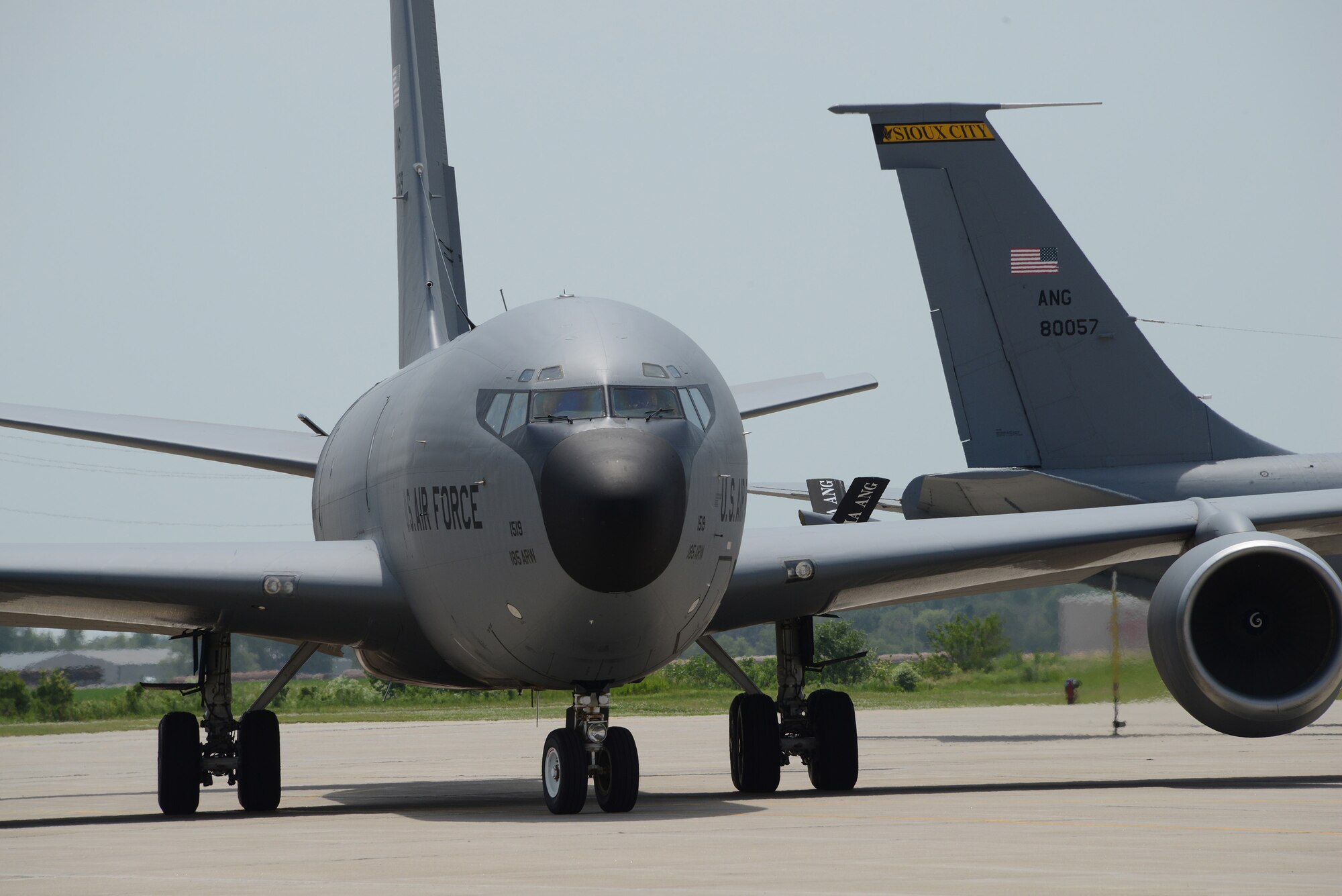 KC-135R Stratotanker, assigned to the Iowa Air National Guard’s 185th Air Refueling Wing, turns to park at the Sioux City Air National Guard base after returning home from Al Udeid Air Base on June 11, 2016. 185th ARW unit members and aircraft were temporarily assigned to the 340th Expeditionary Air Refueling Squadron at Al Udeid since February where they were providing midair refueling support for U.S. and partner nation aircraft in direct support of Operation Inherent Resolve.
(U.S. Air Guard Photo by: Master Sgt. Vincent De Groot/released) 