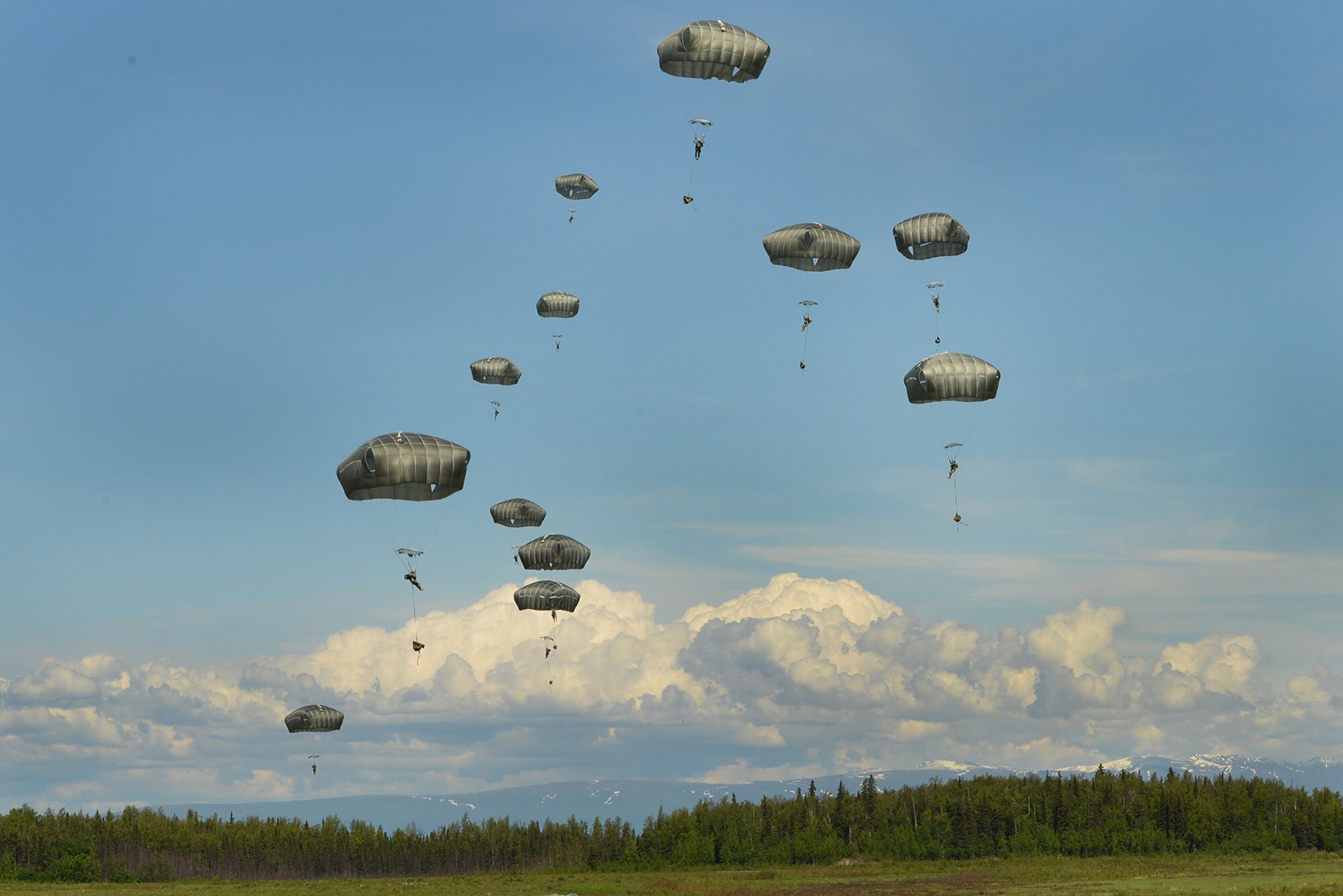 Paratroopers assigned to the 4th Infantry Brigade Combat Team (Airborne), 25th Infantry Division, U.S. Army Alaska, and the Japan Ground Self-Defense Force execute an airborne proficiency operation, and coordination for follow-on training at Joint Base Elmendorf-Richardson, Alaska, June 9, 2016, during Exercise Arctic Aurora. Arctic Aurora is a yearly bilateral training exercise involving elements of the Spartan Brigade and the JGSDF, which focuses on strengthening ties between the two by executing combined small unit airborne proficiency operations and basic small arms marksmanship. (U.S. Air Force photo by Airman 1st Class Valerie Monroy)