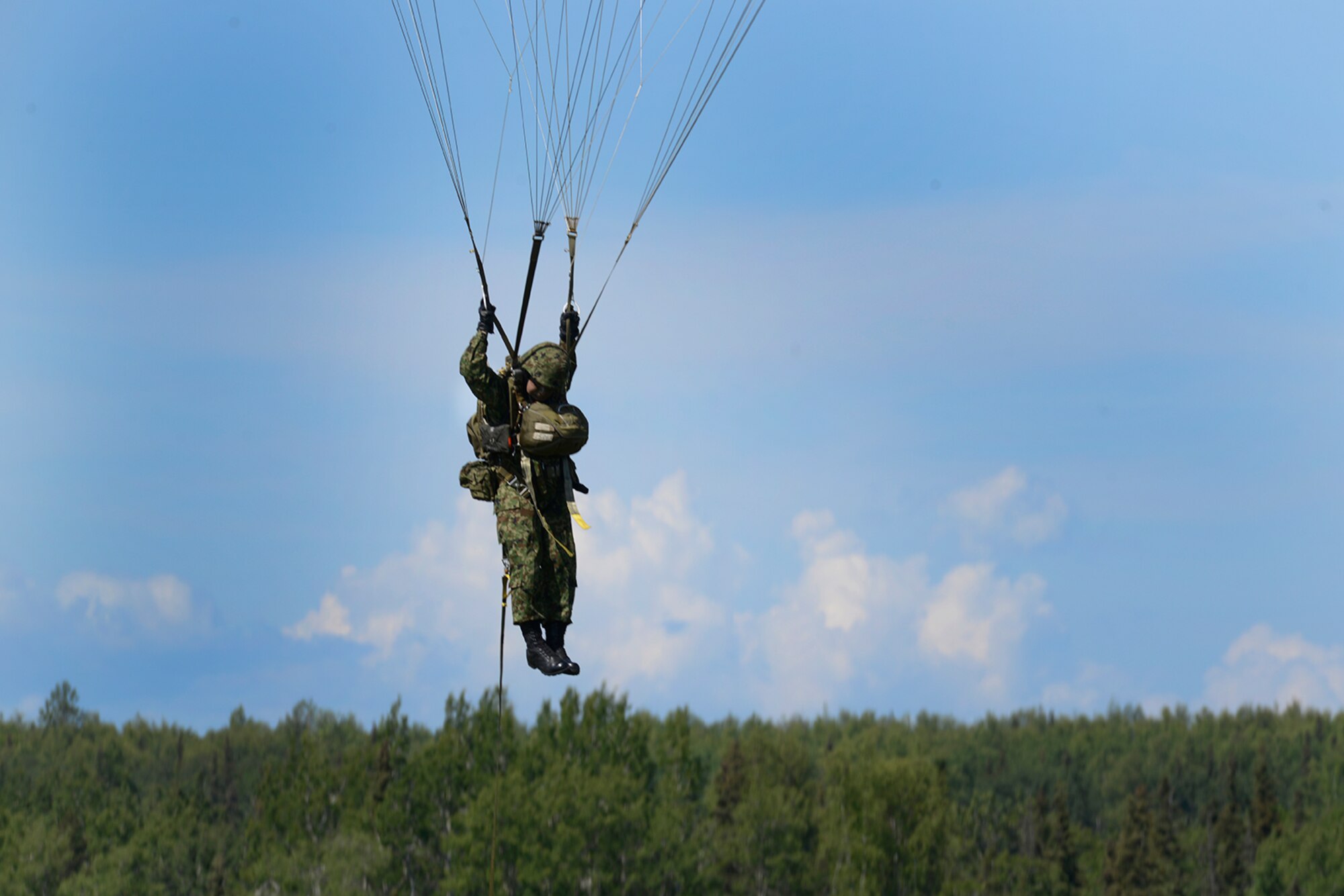 Paratroopers assigned to the 4th Infantry Brigade Combat Team (Airborne), 25th Infantry Division, U.S. Army Alaska, and the Japan Ground Self-Defense Force execute an airborne proficiency operation, and coordination for follow-on training at Joint Base Elmendorf-Richardson, Alaska, June 9, 2016, during Exercise Arctic Aurora. Arctic Aurora is a yearly bilateral training exercise involving elements of the Spartan Brigade and the JGSDF, which focuses on strengthening ties between the two by executing combined small unit airborne proficiency operations and basic small arms marksmanship. (U.S. Air Force photo by Airman 1st Class Valerie Monroy)