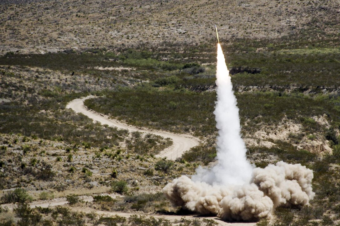 A guided rocket launches from a truck during exercise Iron Rage at McGregor Range near Alamogordo, N.M., June 4, 2016. The rocket hit about 5 meters from the target. The joint live-fire exercise includes the Army's 1st Armored Division and Marine Reserve elements. Marine Corps photo by Abigail Waldrop


