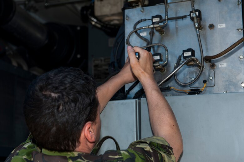 Romanian Land Forces Warrant Officer Bogden Cosma, Heavy Airlift Wing vehicle maintenance NCO-in-charge assigned to Papa Air Base, Hungary, configures an aircraft deicer during the lab portion of the deicer qualification training course at the European Transportation Training Center on Spangdahlem Air Base, Germany, June 9, 2016. The 52nd Logistics Readiness Squadron’s training center hosted Cosma, their first coalition forces partner student, for the course. (U.S. Air Force photo by Airman 1st Class Timothy Kim/Released)