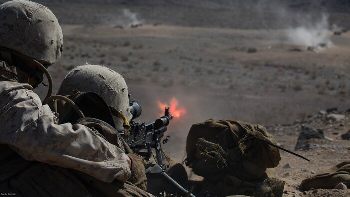 Reserve Marines with 1st Battalion, 24th Marines, 25th Marine Regiment, 4th Marine Division, Marine Forces Reserve, provide suppressive machine gun fire for ground units at range 410A during Integrated Training Exercise 4-16, at Marine Corps Air Ground Combat Center Twentynine Palms, Calif., June 14, 2016. ITX 4-16 allows Reserve Marines to train in realistic environments to increase their proficiency and readiness for worldwide deployment.