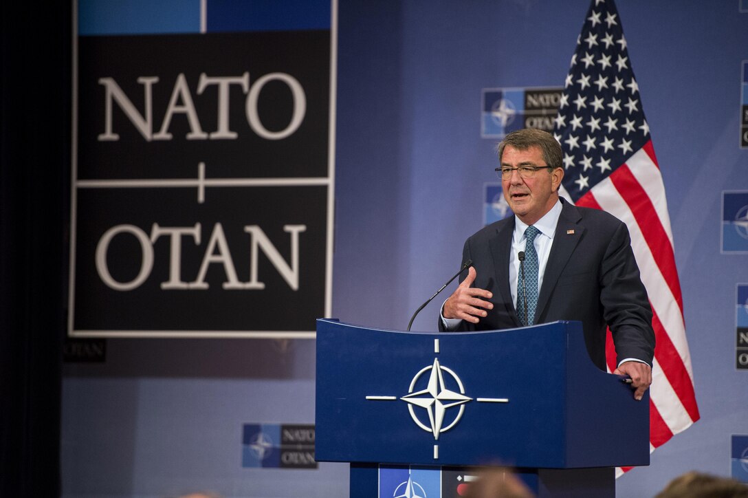 Defense Secretary Ash Carter speaks during a news conference at NATO headquarters in Brussels, June 15, 2016. DoD photo by Air Force Staff Sgt. Brigitte N. Brantley