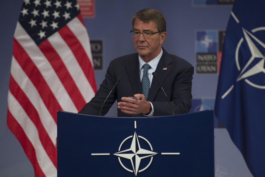 Defense Secretary Ash Carter speaks during a news conference at NATO headquarters in Brussels, June 15, 2016. DoD photo by Air Force Senior Master Sgt. Adrian Cadiz