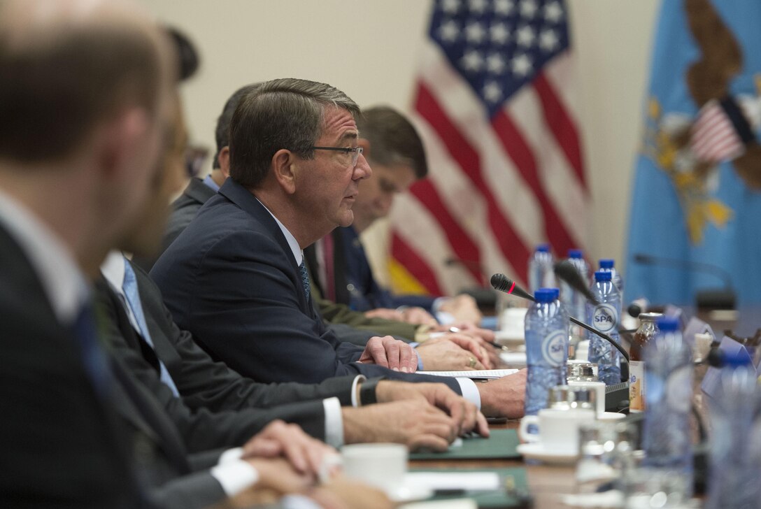 Defense Secretary Ash Carter speaks with Ukrainian Defense Minister Gen. Stepan Poltorak, not shown, during a meeting at NATO headquarters in Brussels, June 15, 2016. DoD photo by Air Force Senior Master Sgt. Adrian Cadiz