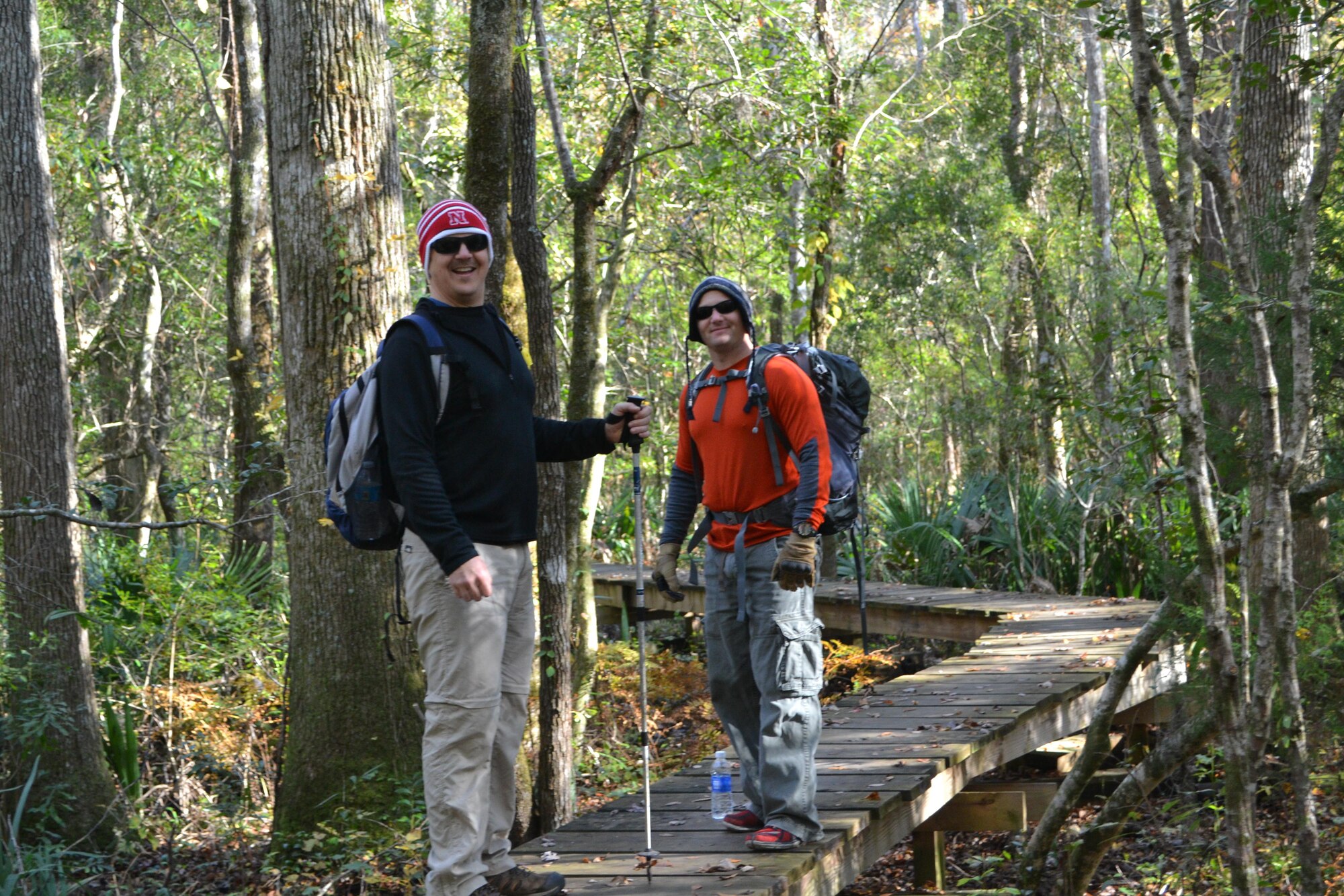Tech. Sgt. Richard Egan (left), 4th Equipment Maintenance Squadron assistant chief for repair and reclamation, along with Master Sgt. Eric Leonard, 4th Aircraft Maintenance Squadron production superintendent, hike along the Neusiok Trail, November 15, 2014, in the Croatan National Forest, North Carolina. The club chose a six-and-a-half mile trail as the first official hike the club completed. (Courtesy photo)