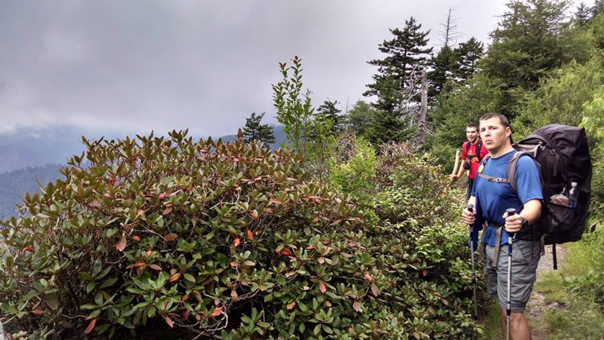 Tech. Sgt. Richard Egan (front), 4th Equipment Maintenance Squadron assistant chief for repair and reclamation, hikes along the Bartram Trail Loop, June 6, 2015, in Wayah Bald, North Carolina. Egan led the group on the 55-mile loop over the course of four days. (Courtesy photo)