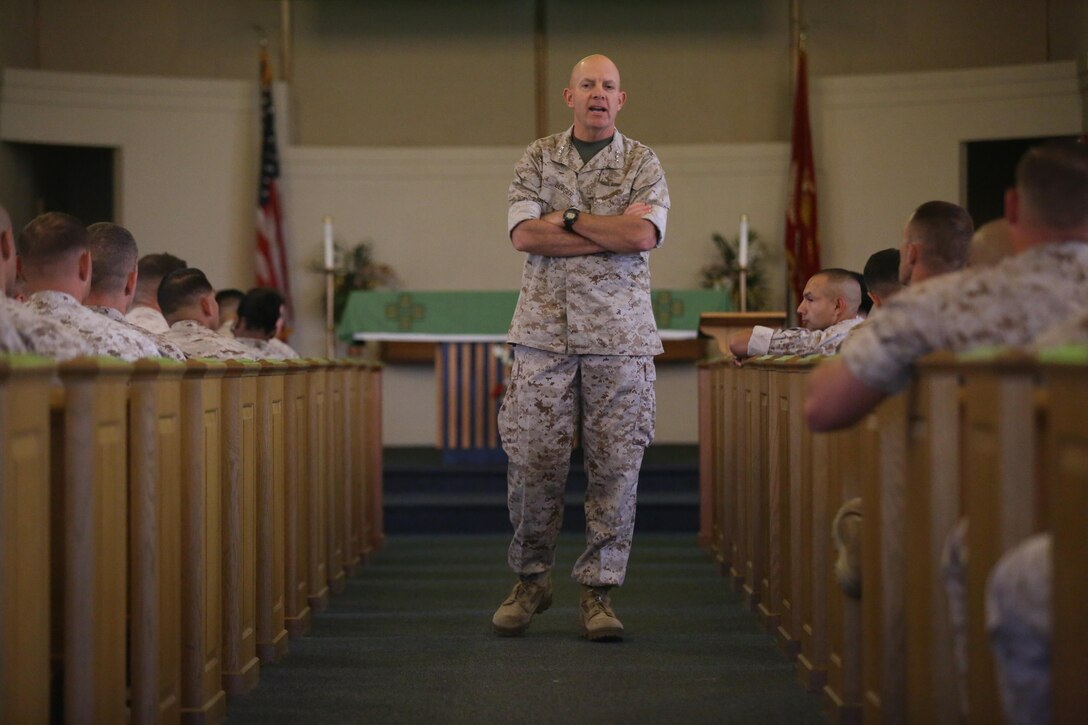 MARINE CORPS BASE CAMP PENDLETON, Calif. – Lt. Gen. David Berger, the commanding general of I Marine Expeditionary Force, addresses the audience at integration education training at the Marine Memorial Chapel June 7, 2016. The training highlighted the placement of female Marines into previously closed combat arms occupations and units. “It’s about managing the whole population of the Marine Corps to make sure that as a warfighting organization, we’re moving people to the right assignments,” Berger said. (U.S. Marine Corps photo by Lance Cpl. Shellie Hall/ Released)