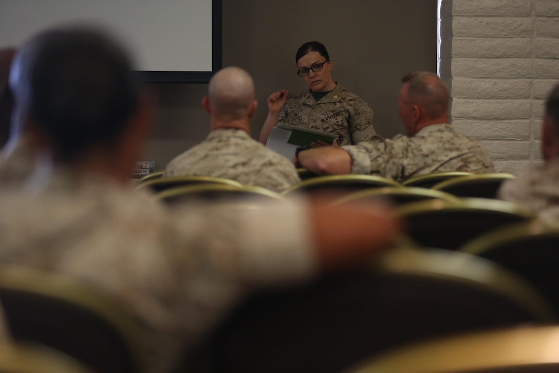 MARINE CORPS BASE CAMP PENDLETON, Calif. – Maj. Misty Posey the Plans Officer with the Manpower Integration Office, Headquarters Marine Corps, educates an audience about the integration of female Marines into previously closed combat arms occupations and units at the Unit Event Center June 8, 2016. The goal of integration education training is to ensure commanders and staffs are sufficiently educated and prepared to receive Marines of either gender by October 31, 2016 (active) and January 31, 2017 (reserve). “I hope we get to the point where people look at female Marines as Marines first and as women second,” Posey said. (U.S. Marine Corps photo by Lance Cpl. Shellie Hall/ Released)