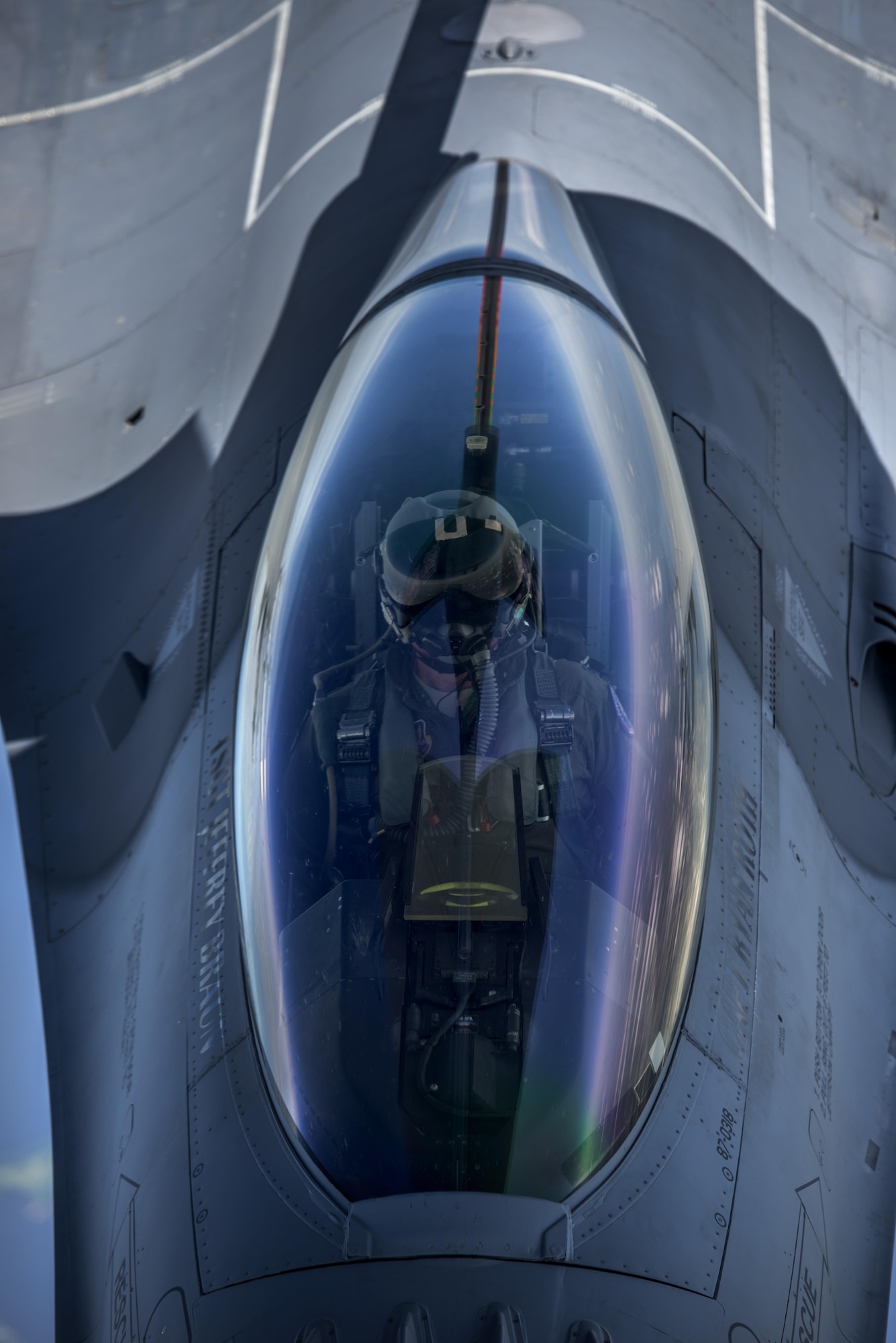 An F-16 jet from the Fighter Wing of the Wisconsin Air National Guard participates in an air refueling mission June 3, 2016. The mission was a training sortie focusing on maintain aircrew readiness in conjunction with the 906th Air Refueling Squadron and the 126th Air Refueling Wing. (U.S. Air Force Photo by Airman Daniel Garcia)