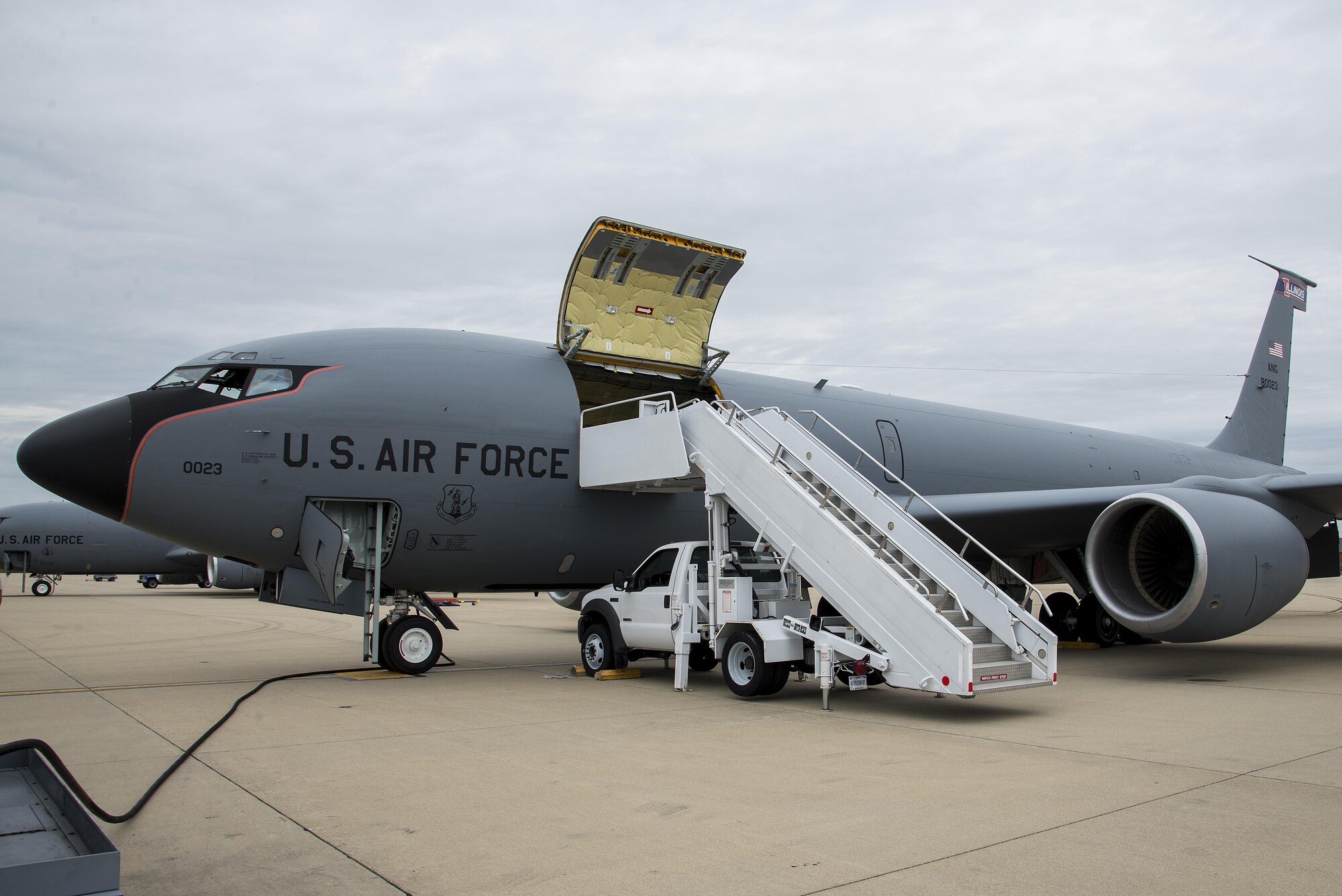 A KC-135 sits on the flight line at Scott Air Force Base, Illinois prior to being inspected for an air refueling training mission June 3, 2016. The mission was a training sortie focusing on maintain aircrew readiness in conjunction with the 115th Fighter Wing of the Wisconsin Air National Guard. (U.S. Air Force Photo by Airman Daniel Garcia)