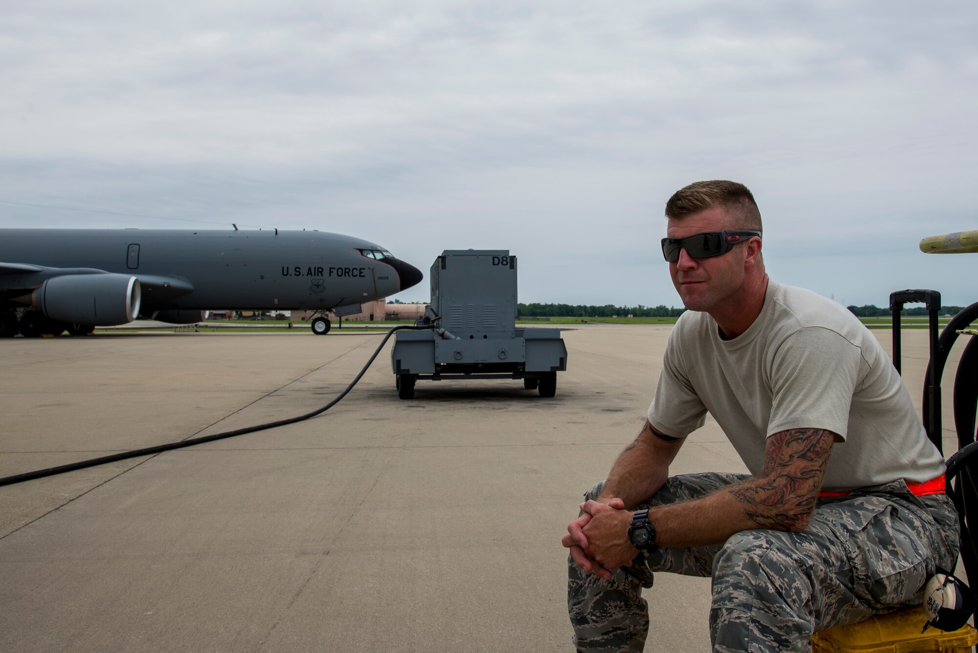Staff Sgt. Mark Lester, 126 Air Refueling Wing crew chief, waits on the flight line to begin a preflight inspection prior to a an air refueling mission June 3, 2016 at Scott Air Force Base, Illinois. The mission was a training sortie focusing on maintain aircrew readiness in conjunction with the 115th Fighter Wing of the Wisconsin Air National Guard. (U.S. Air Force Photo by Airman Daniel Garcia)