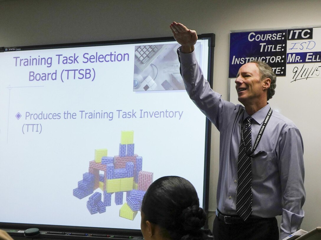 Wes Ellenburg, Instructor Training Course instructor, teaches new instructors about the Instruction Systems Design process at the Defense Information School, Fort George G. Meade, Md., Sept. 11, 2015. The course focuses on the basics of developing lesson plans, creating an active learning environment and delivering content in an engaging way.