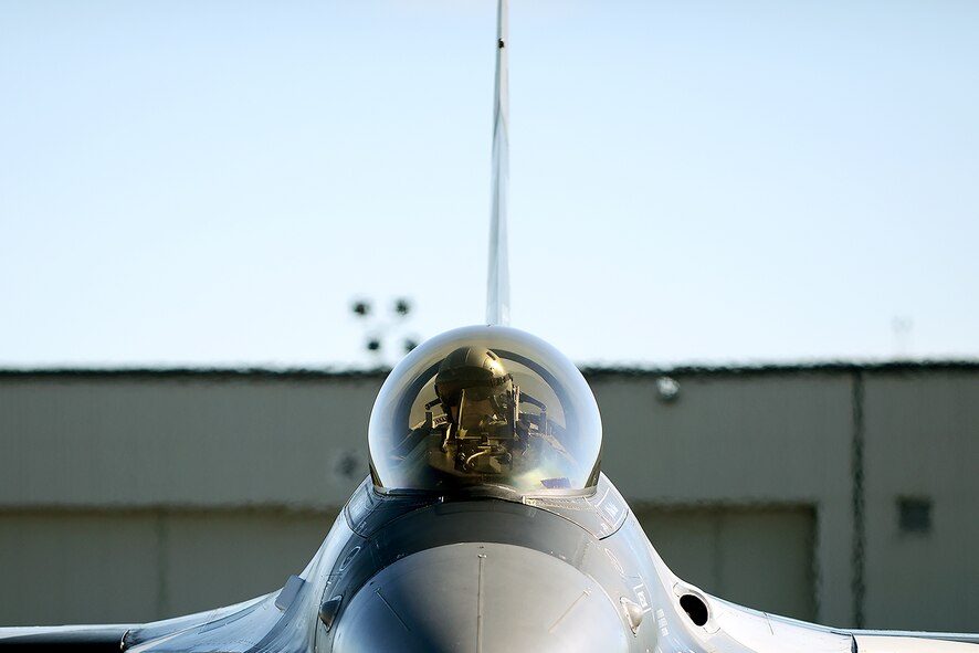 Maj. Scott Meng, 18th Aggressor Squadron F-16 Fighting Falcon pilot, awaits take-off authorization during RED FLAG-Alaska (RF-A) 16-2, on Eielson Air Force Base, Alaska, June 15, 2016. RF-A is a series of Pacific Air Forces commander-directed field training exercises that enable joint and international forces to sharpen their combat skills by flying simulated combat sorties together in a realistic threat environment. (U.S. Air Force photo by Tech. Sgt. Steven R. Doty)