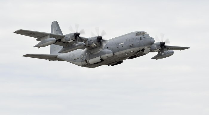 A U.S. Marine Corps KC-130J Super Hercules, assigned to Marine Aerial Refueler Transport Squadron (VMGR) 152 out of Marine Corps Air Station Iwakuni, Japan, takes off during RED FLAG-Alaska (RF-A) 16-2 at Joint Base Elmendorf-Richardson, Alaska, June 10, 2016. RED FLAG-Alaska is a series of Pacific Air Forces commander-directed training exercises for U.S. and international forces to provide joint offensive, counter-air, interdiction, close air support, and large force employment in a simulated combat environment. (U.S. Air Force photo/Alejandro Pena)