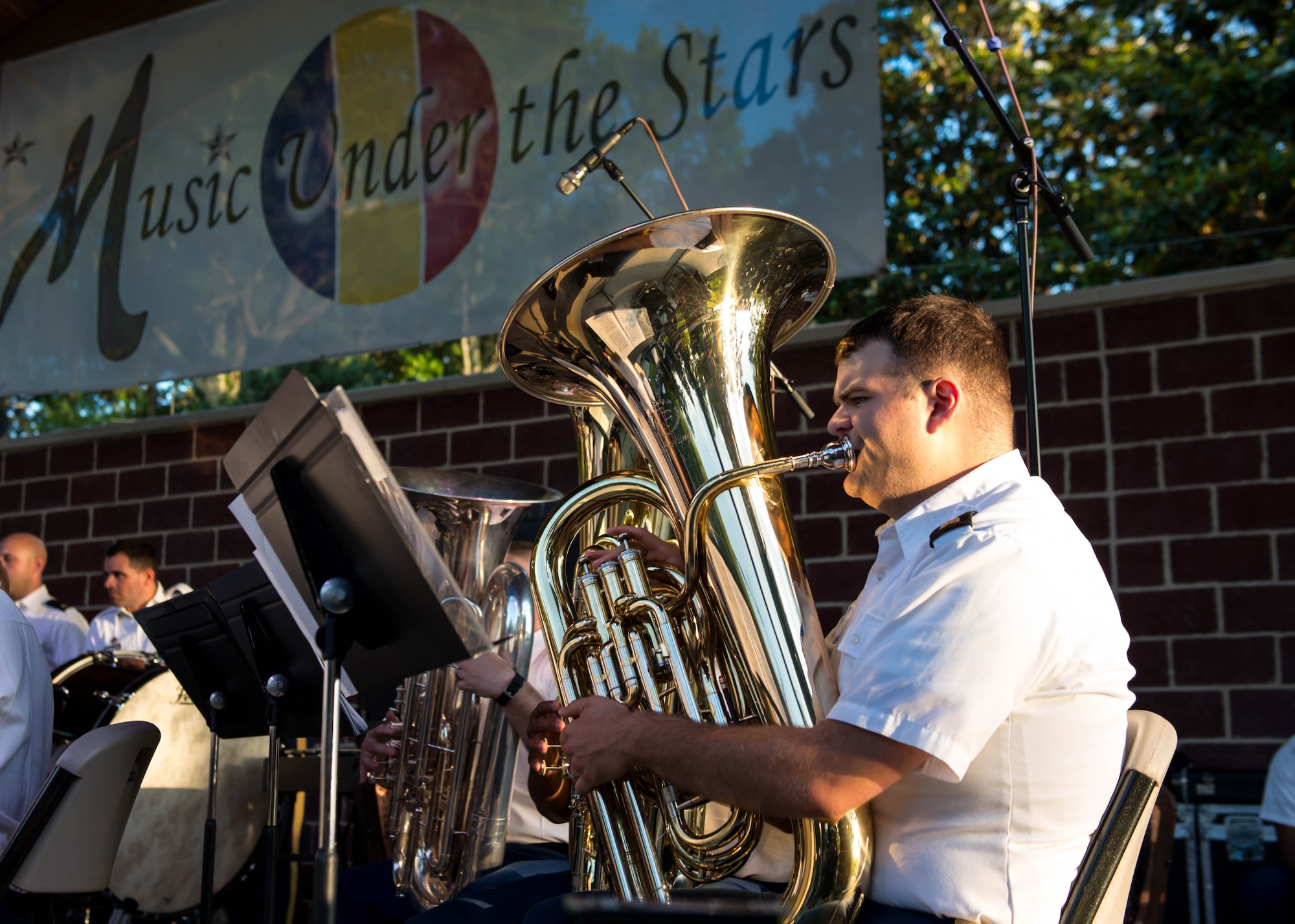 U.S. Army Sgt. Eric Hamilton, Training and Doctrine Command Band tubist, performs during Music Under the Stars in Magnolia Park at Fort Eustis, Va., June 9, 2016. The band played throughout various parts of the ceremony, including the streamer presentation highlighting significant events in Army history. (U.S. Air Force photo by Staff Sgt. J.D. Strong II)