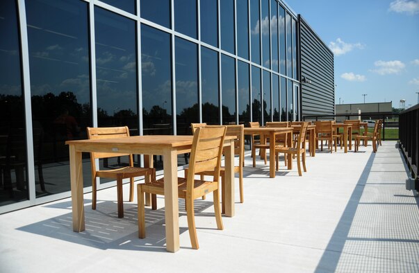 Outdoor seating is available at the new Stars and Strikes Bowling Center located on Whiteman Air Force Base, Mo., June 10, 2016. By expanding the dining and kitchen area with additional seating outside, the overall building footprint has increased by 17 percent to 20,400 square feet. (U.S. Air Force photo by Senior Airman Danielle Quilla)   