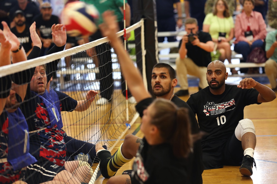 Team Army athletes compete against the U.K. team in a volleyball match during the 2016 Department of Defense Warrior Games at the U.S. Military Academy in West Point, N.Y., June 15, 2016. Army photo by Pfc. Stefan English