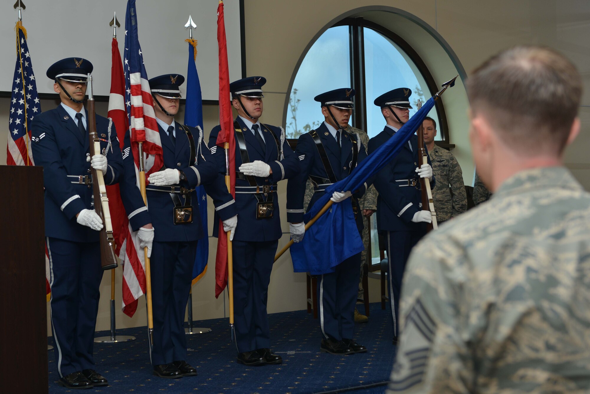 Airmen from the Incirlik Air Base honor guard present the colors during a change of command ceremony June 16, 2016, at Incirlik AB, Turkey. A change of command ceremony is a tradition that represents a formal transfer of authority and responsibility from the outgoing commander to the incoming commander. (U.S. Air Force photo by Senior Airman John Nieves Camacho/Released)
