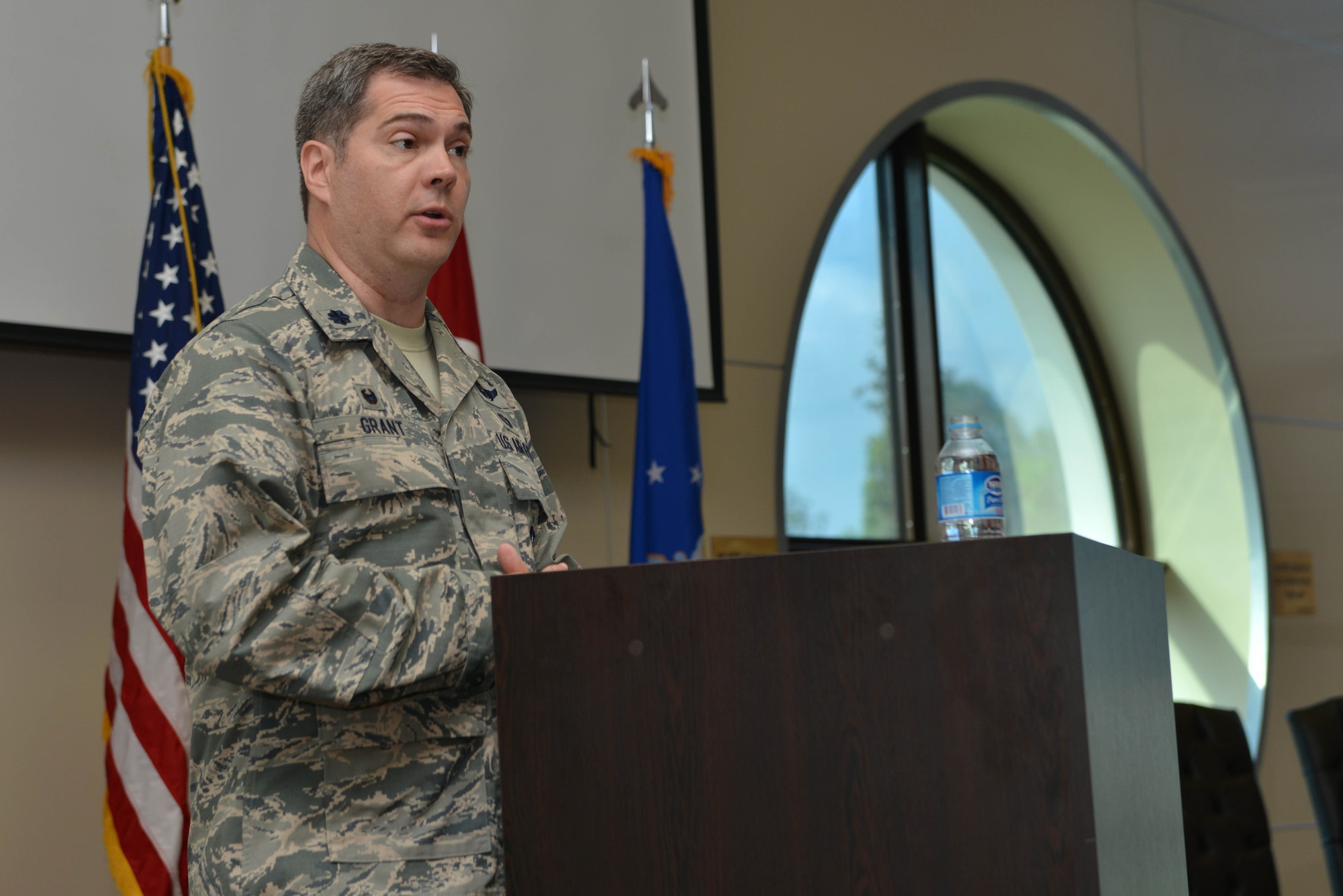 U.S. Air Force Lt. Col. Robert Grant, 39th Operations Support Squadron incoming commander, speaks during a change of command ceremony June 16, 2016, at Incirlik Air Base, Turkey. Prior to taking command, Grant served as the chief of the commander’s action group, 3rd Air Force and 17th Expeditionary Air Force, Ramstein Air Base, Germany. (U.S. Air Force photo by Senior Airman John Nieves Camacho/Released)